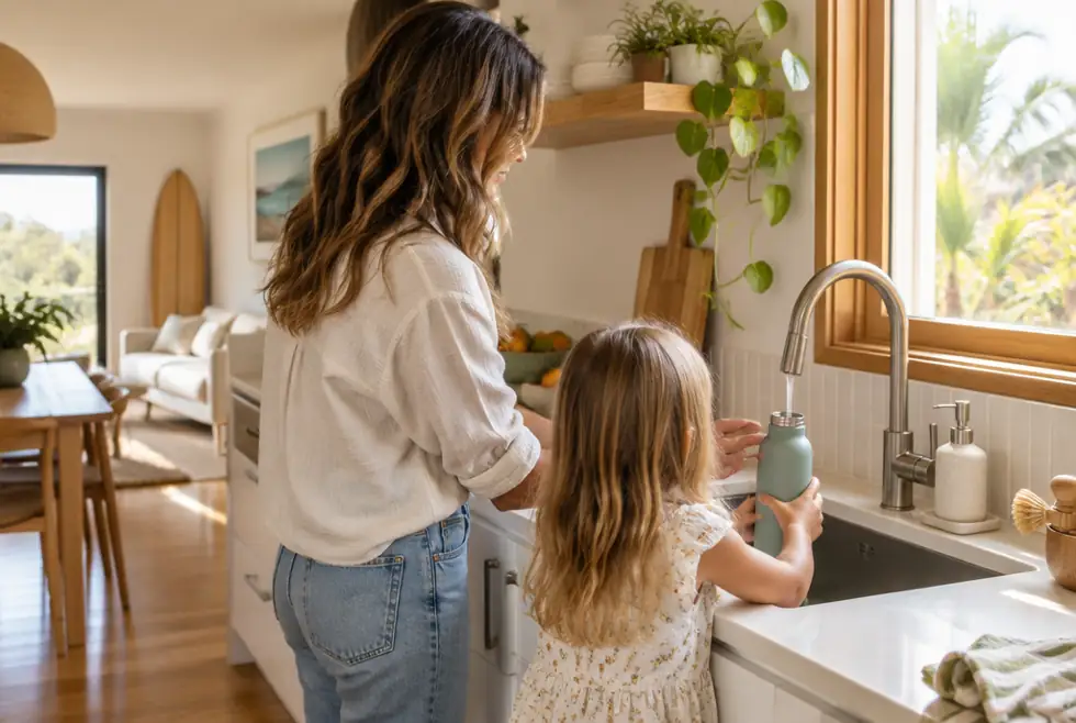 A parent and child filling a reusable water bottle at the kitchen tap